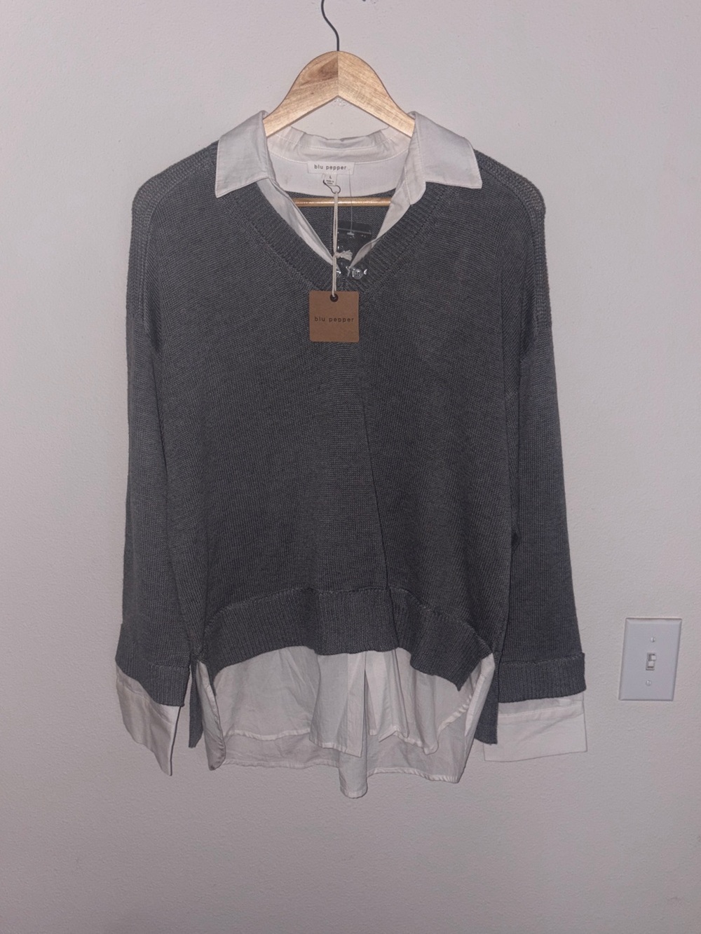 Blu Pepper Layered Look Gray Sweater with White Shirt Collar